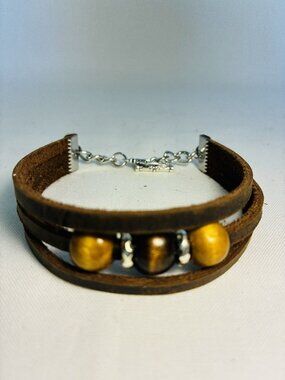 Handmade Triple‑Strand Genuine Leather Bracelet w/ Wood Beads & Silver Clasp